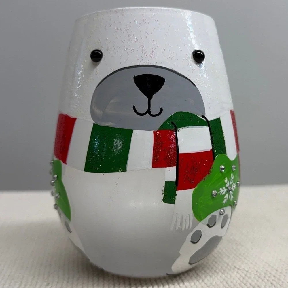 Lolita‎ Hand Painted Polar Bear Stemless Wine Glass Winter Fun Drinkware